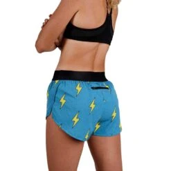 Women's Blue Bolts 1.5" Split Short - Blue Bolts 7 Women's Blue Bolts 1.5" Split Short - Blue Bolts -QQ Styles chicknlegs womens blue bolts 1.5 inch split running shorts rear view